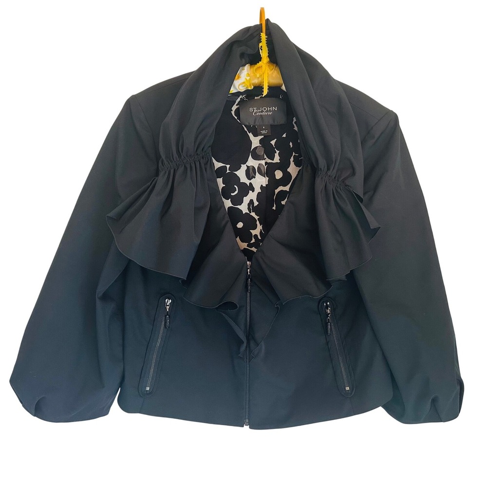 St John Couture‎ Black Ruffle Collar Silk Zip Front Jacket Womens Sz 8 Vintage